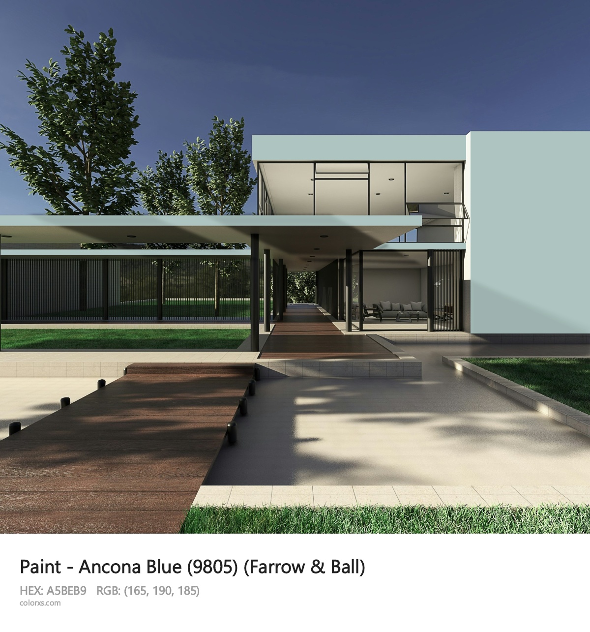 Farrow & Ball Ancona Blue (9805) Paint exterior design modern house with walkway