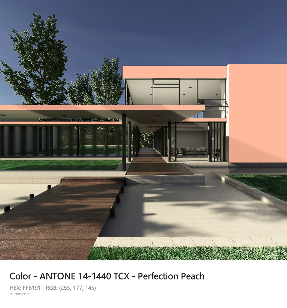 ANTONE 14-1440 TCX - Perfection Peach CMS exterior design modern house with walkway