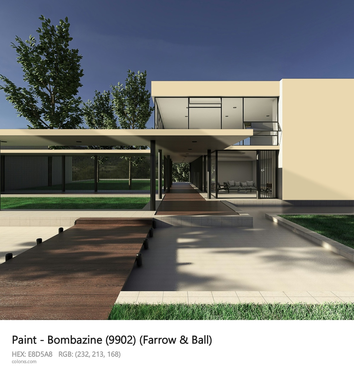 Farrow & Ball Bombazine (9902) Paint exterior design modern house with walkway