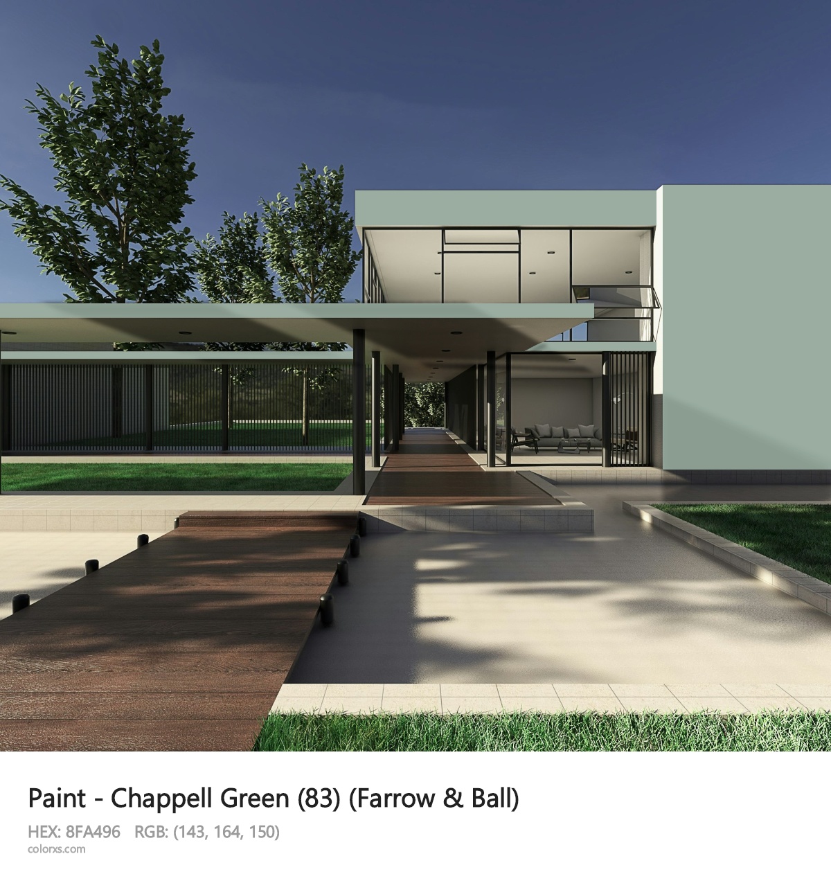 Farrow & Ball Chappell Green (83) Paint exterior design modern house with walkway
