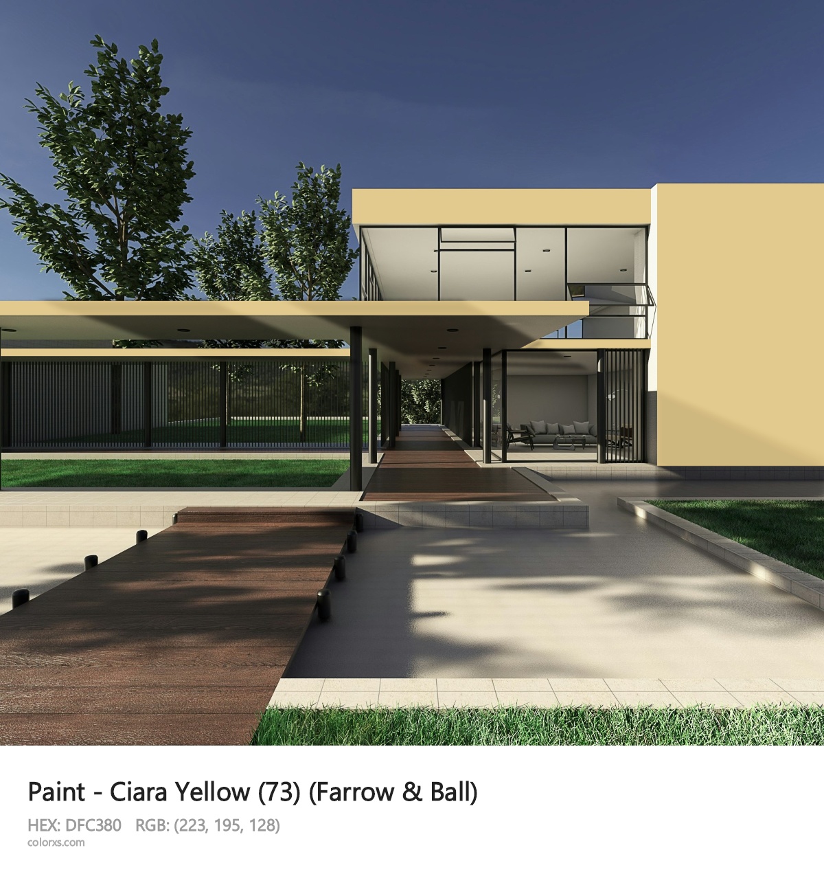 Farrow & Ball Ciara Yellow (73) Paint exterior design modern house with walkway