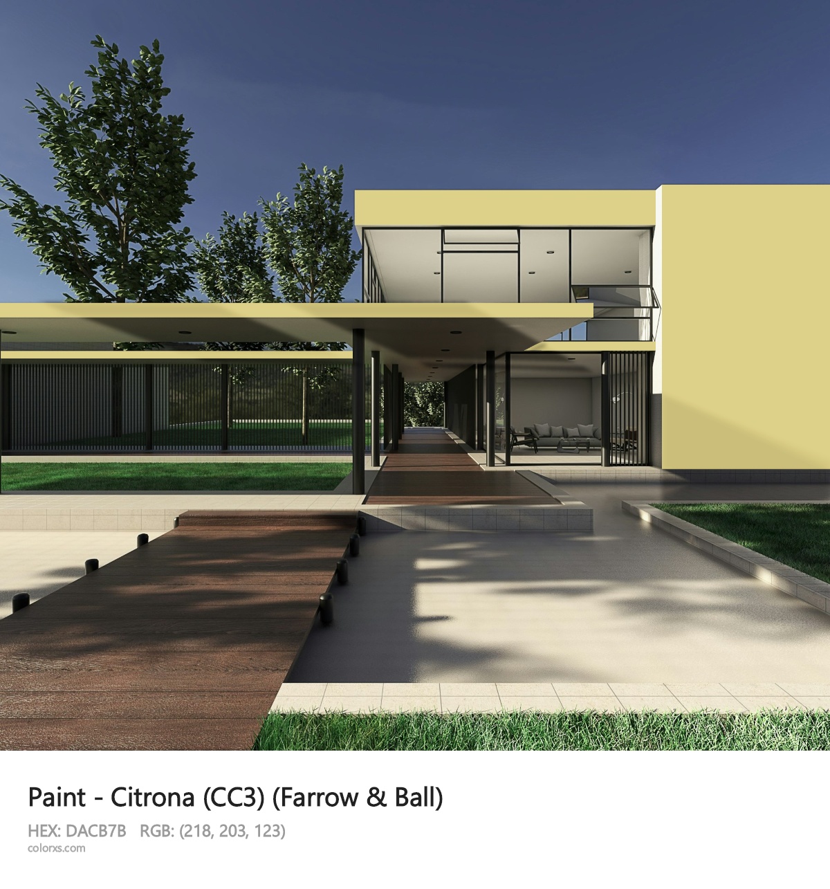 Farrow & Ball Citrona (CC3) Paint exterior design modern house with walkway