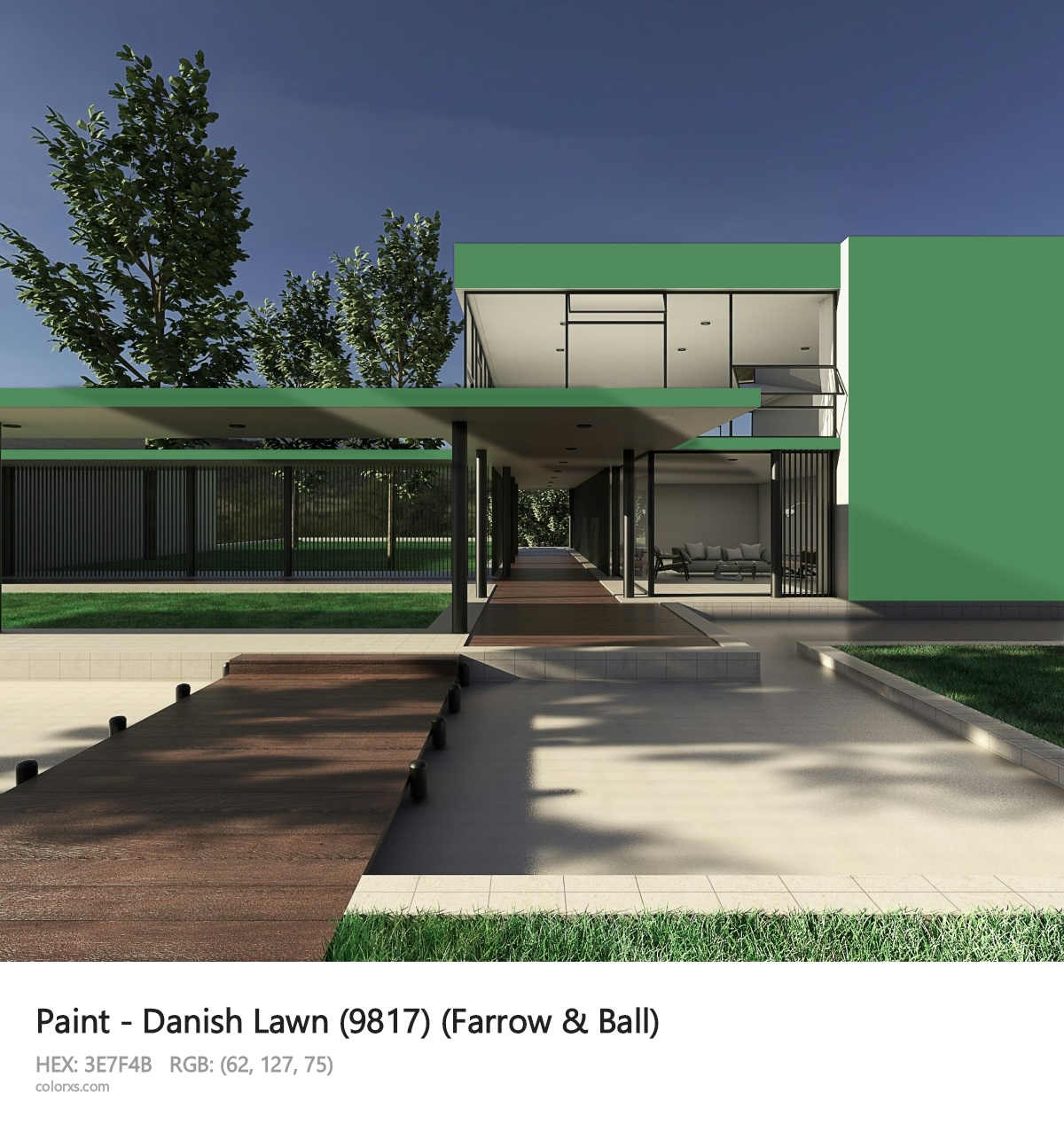 Farrow & Ball Danish Lawn (9817) Paint exterior design modern house with walkway