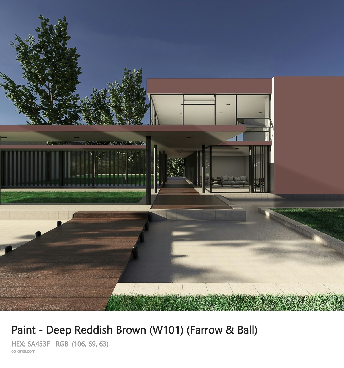 Farrow & Ball Deep Reddish Brown (W101) Paint exterior design modern house with walkway