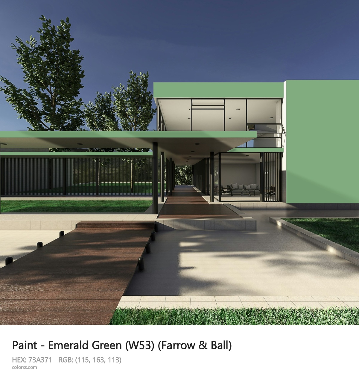 Farrow & Ball Emerald Green (W53) Paint exterior design modern house with walkway