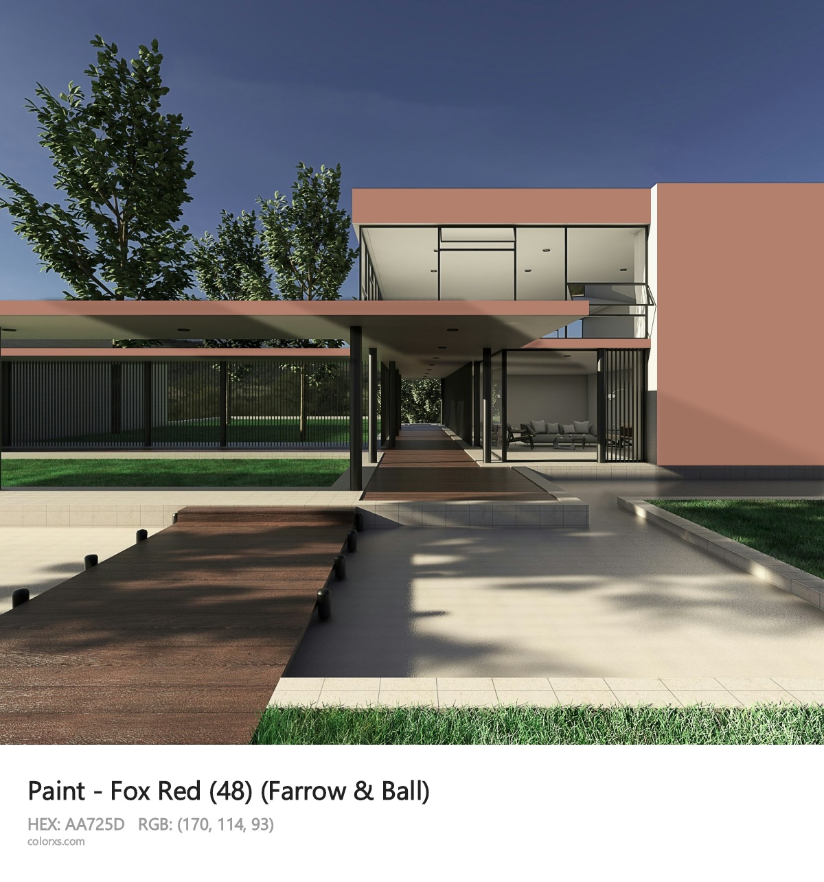 Farrow & Ball Fox Red (48) Paint exterior design modern house with walkway