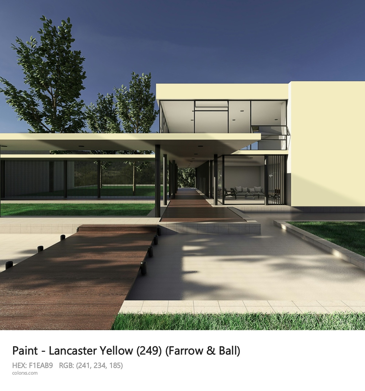 Farrow & Ball Lancaster Yellow (249) Paint exterior design modern house with walkway