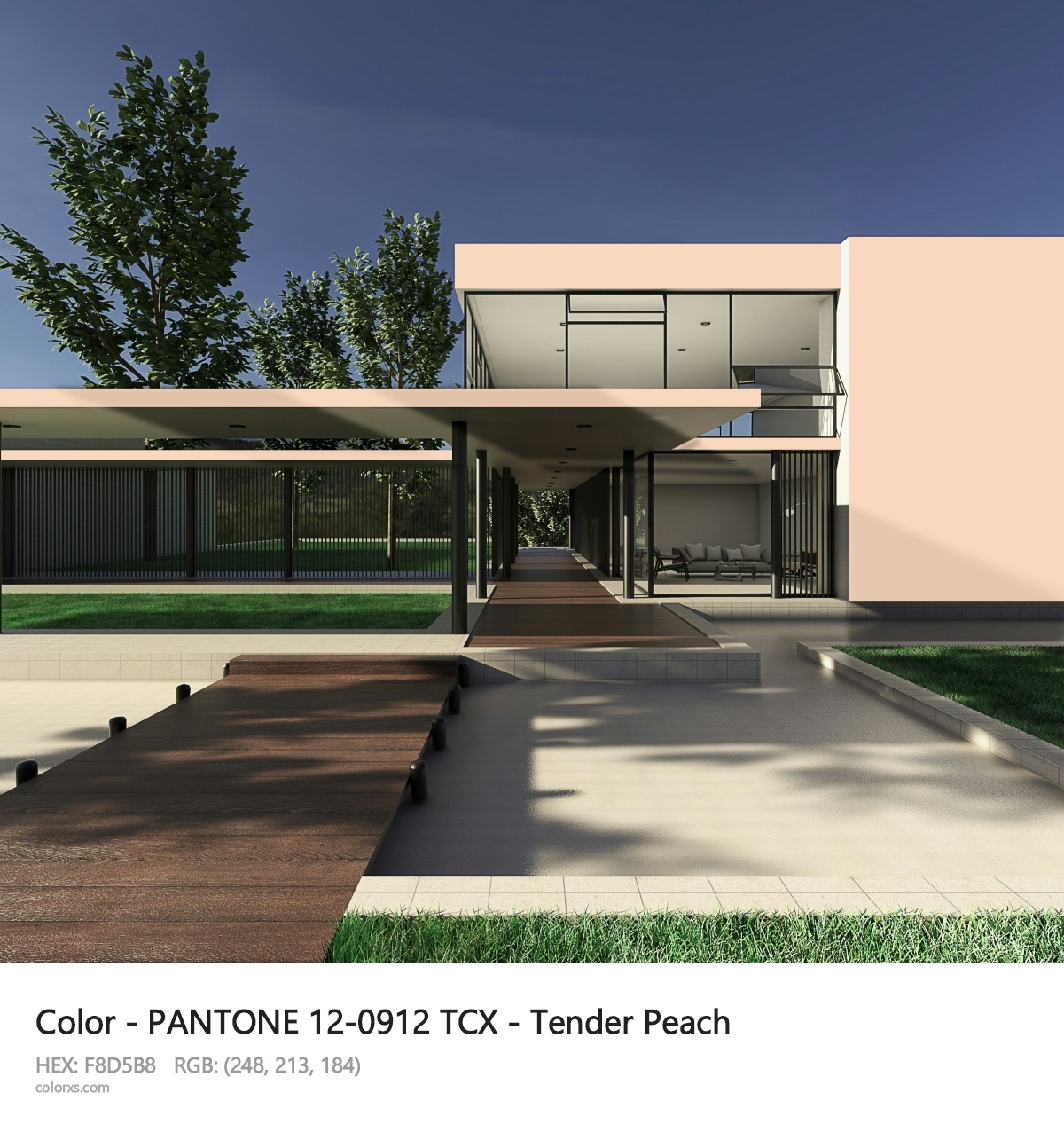 PANTONE 12-0912 TCX - Tender Peach CMS exterior design modern house with walkway