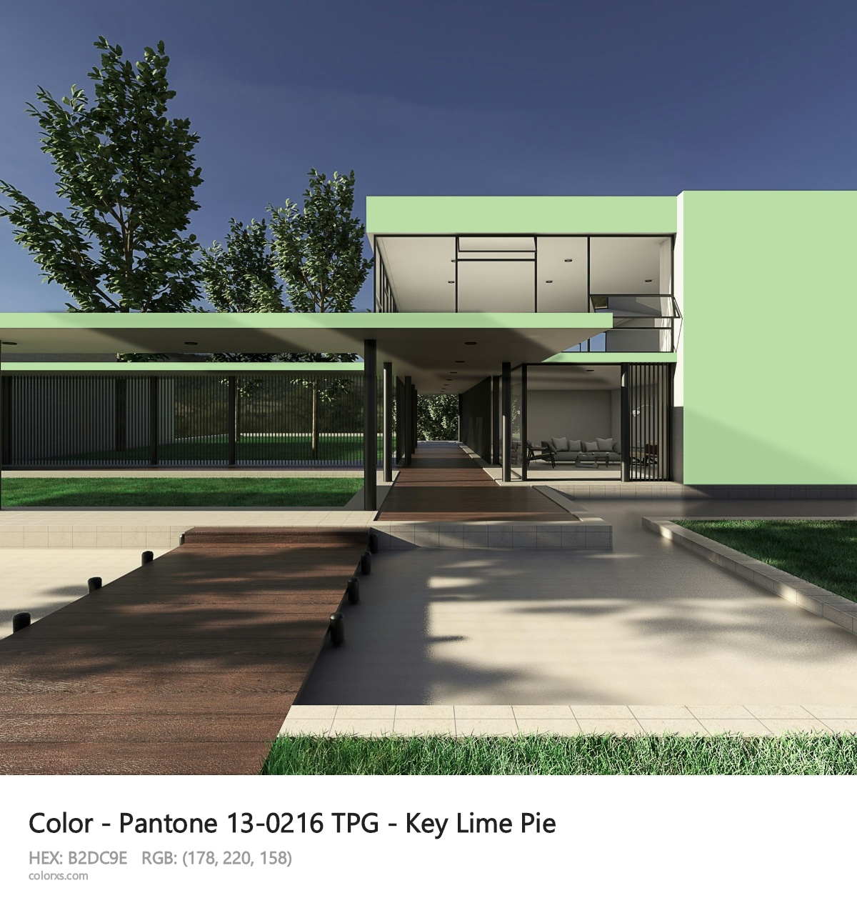 Pantone 13-0216 TPG - Key Lime Pie CMS exterior design modern house with walkway