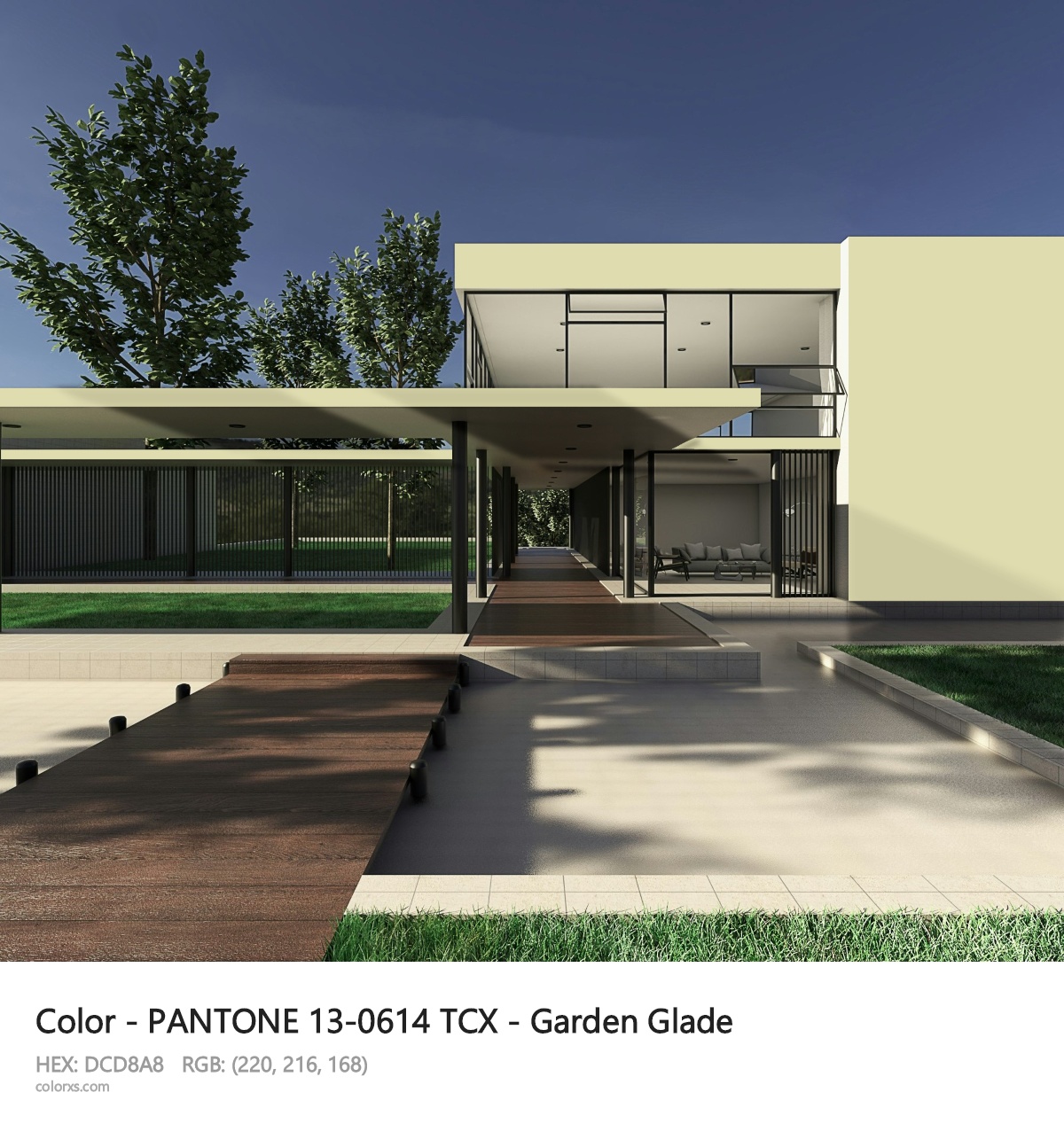 PANTONE 13-0614 TCX - Garden Glade CMS exterior design modern house with walkway