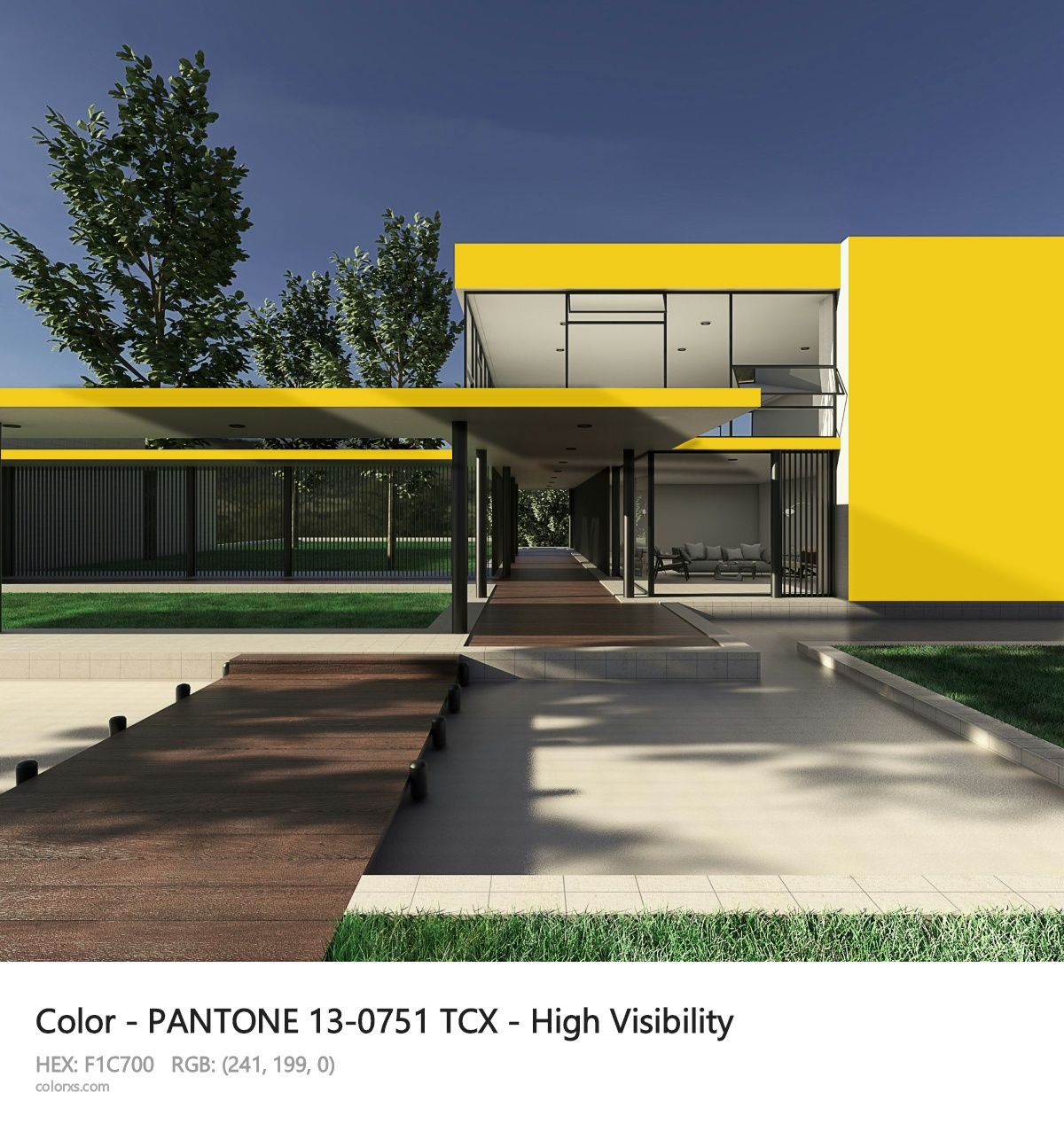 PANTONE 13-0751 TCX - High Visibility CMS exterior design modern house with walkway
