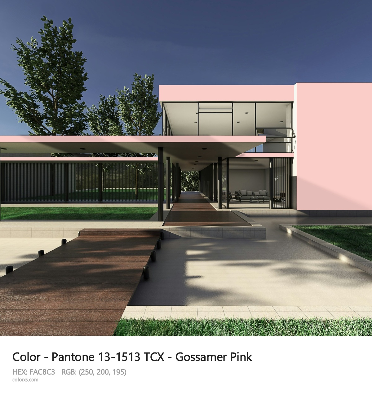 Pantone 13-1513 TCX - Gossamer Pink CMS exterior design modern house with walkway