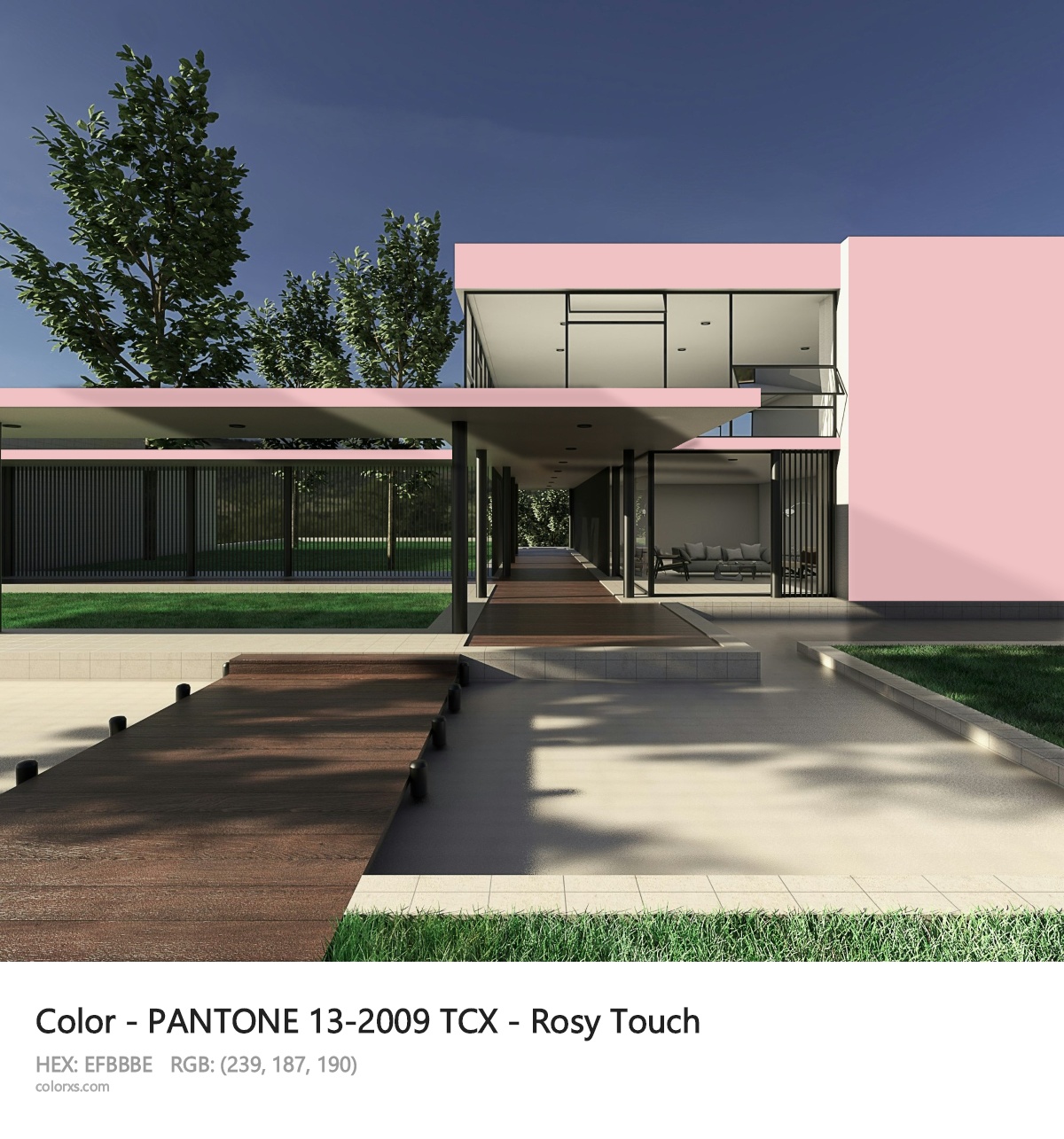 PANTONE 13-2009 TCX - Rosy Touch CMS exterior design modern house with walkway