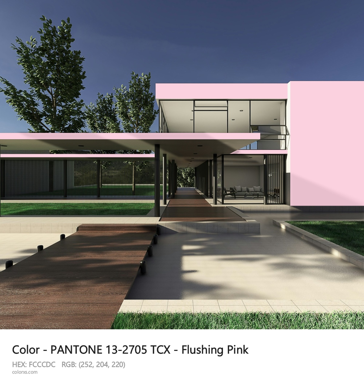 PANTONE 13-2705 TCX - Flushing Pink CMS exterior design modern house with walkway