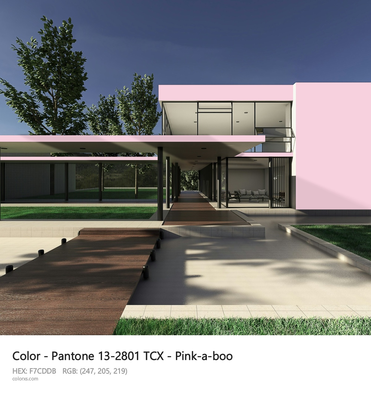 Pantone 13-2801 TCX - Pink-a-boo CMS exterior design modern house with walkway