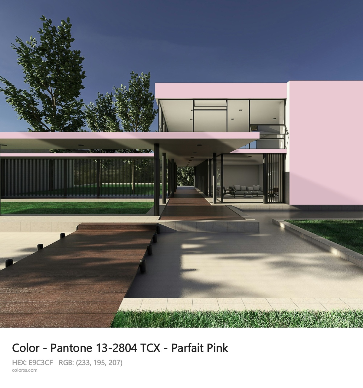 Pantone 13-2804 TCX - Parfait Pink CMS exterior design modern house with walkway