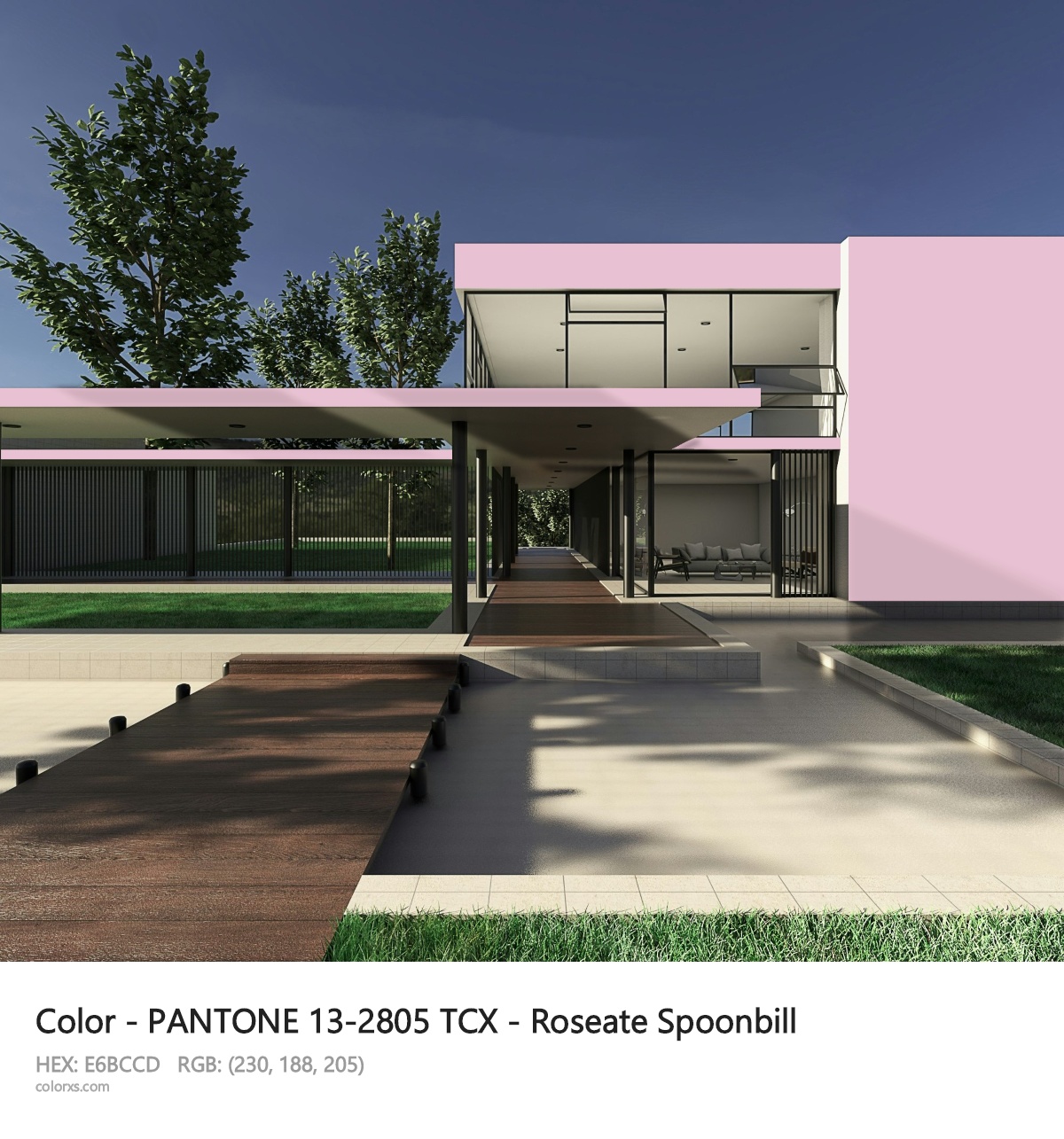 PANTONE 13-2805 TCX - Roseate Spoonbill CMS exterior design modern house with walkway
