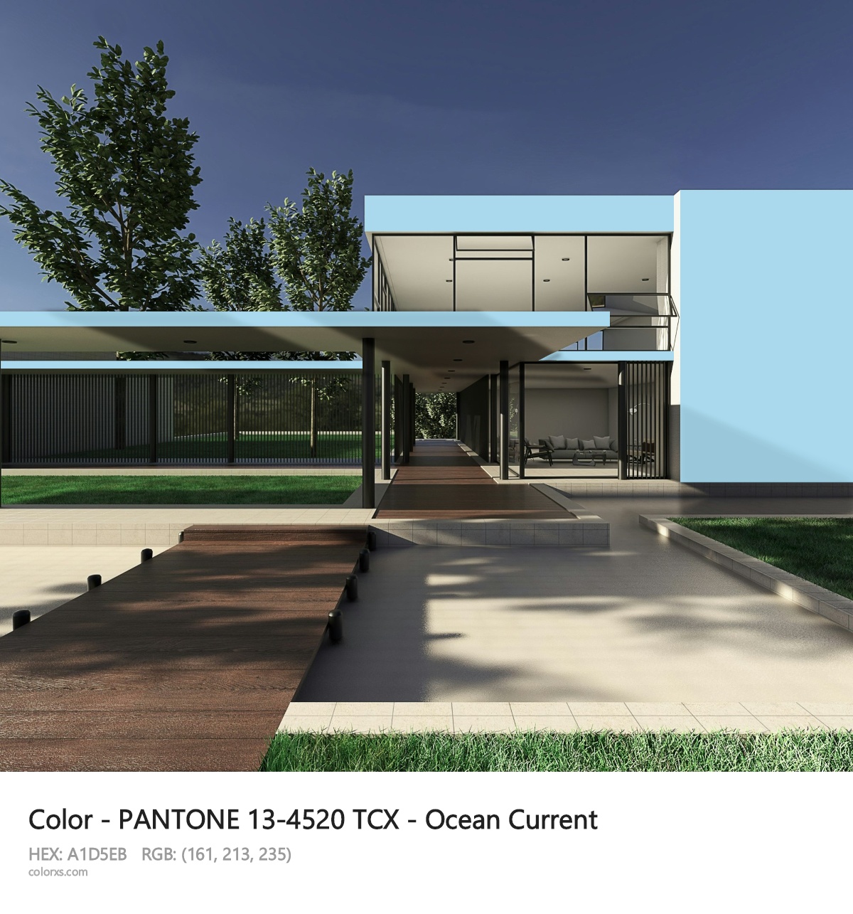PANTONE 13-4520 TCX - Ocean Current CMS exterior design modern house with walkway