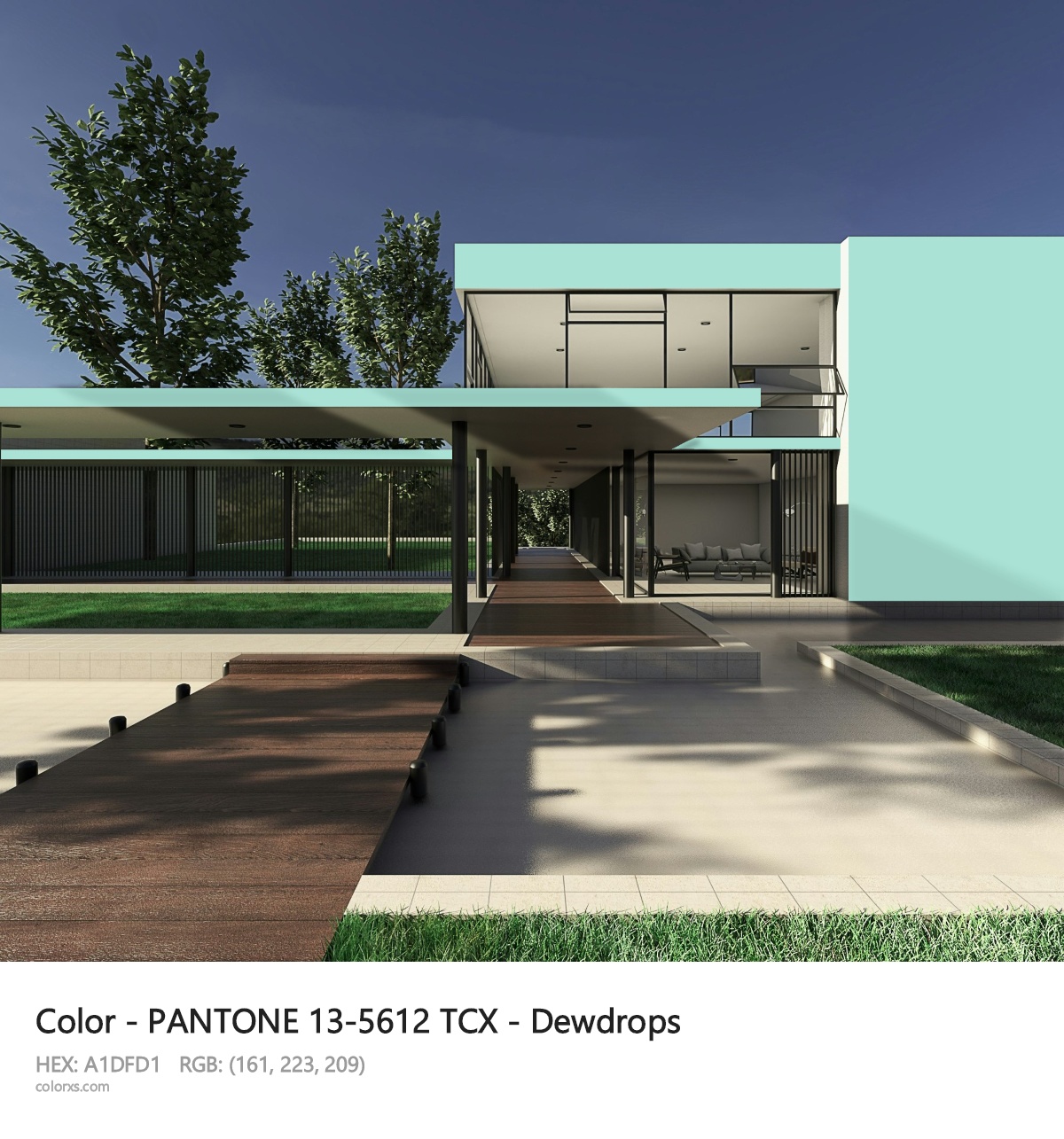 PANTONE 13-5612 TCX - Dewdrops CMS exterior design modern house with walkway