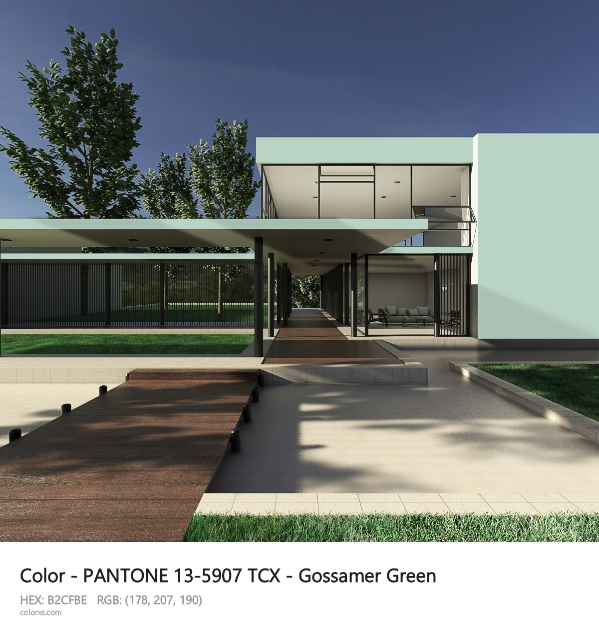 PANTONE 13-5907 TCX - Gossamer Green CMS exterior design modern house with walkway