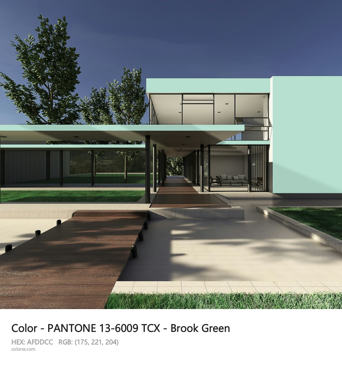 PANTONE 13-6009 TCX - Brook Green CMS exterior design modern house with walkway