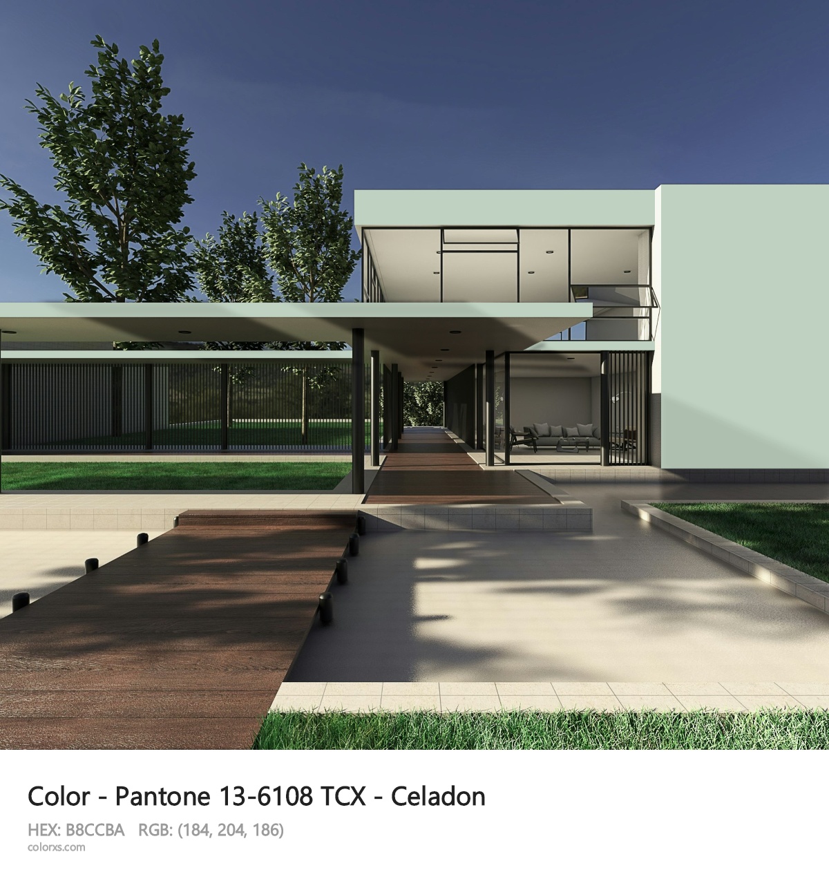Pantone 13-6108 TCX - Celadon CMS exterior design modern house with walkway