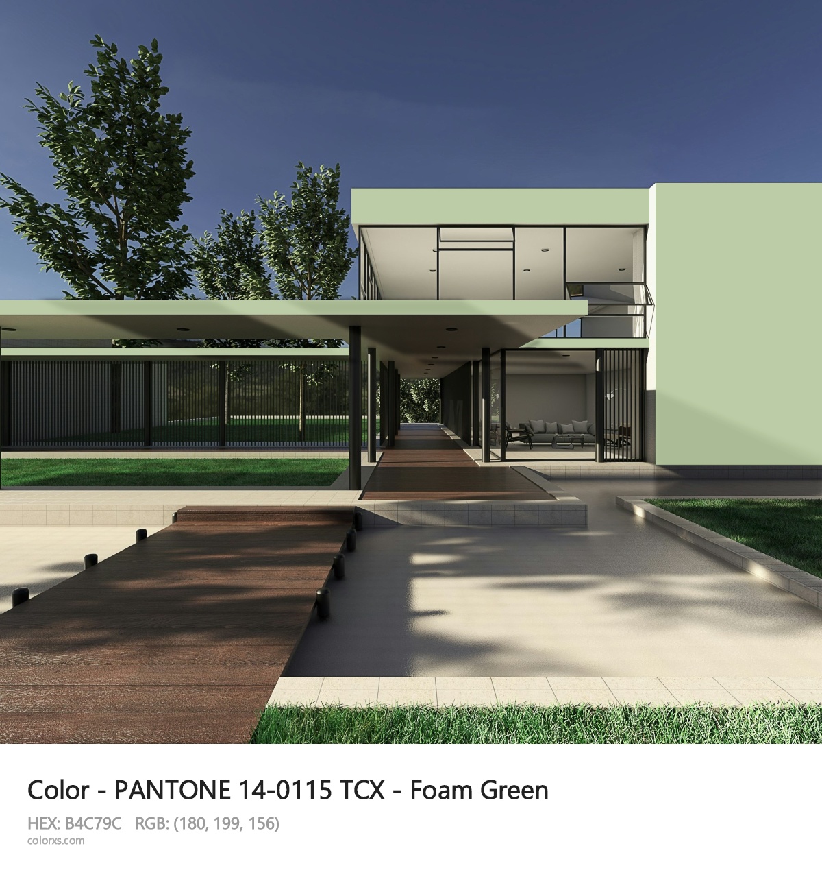 PANTONE 14-0115 TCX - Foam Green CMS exterior design modern house with walkway