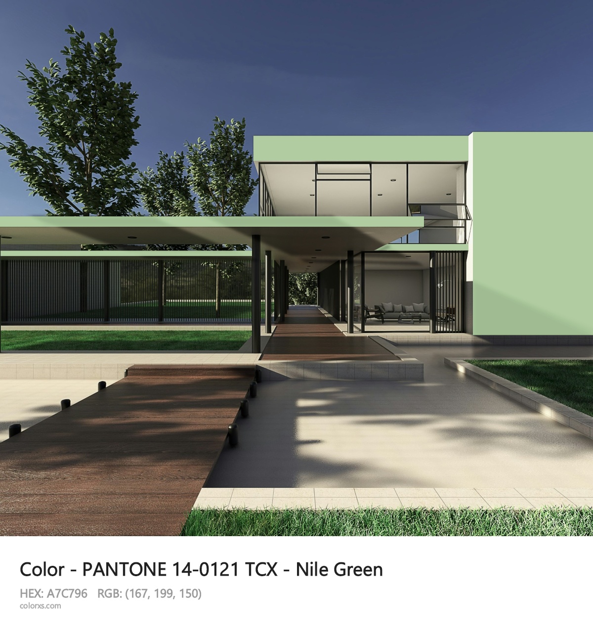 PANTONE 14-0121 TCX - Nile Green CMS exterior design modern house with walkway