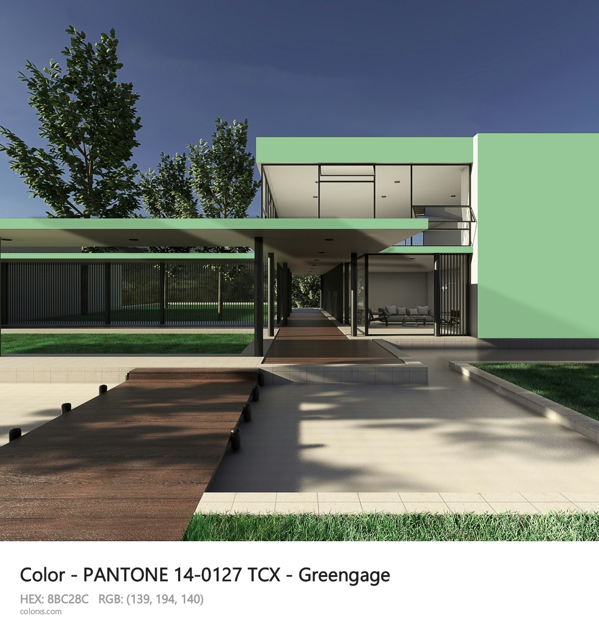 PANTONE 14-0127 TCX - Greengage CMS exterior design modern house with walkway