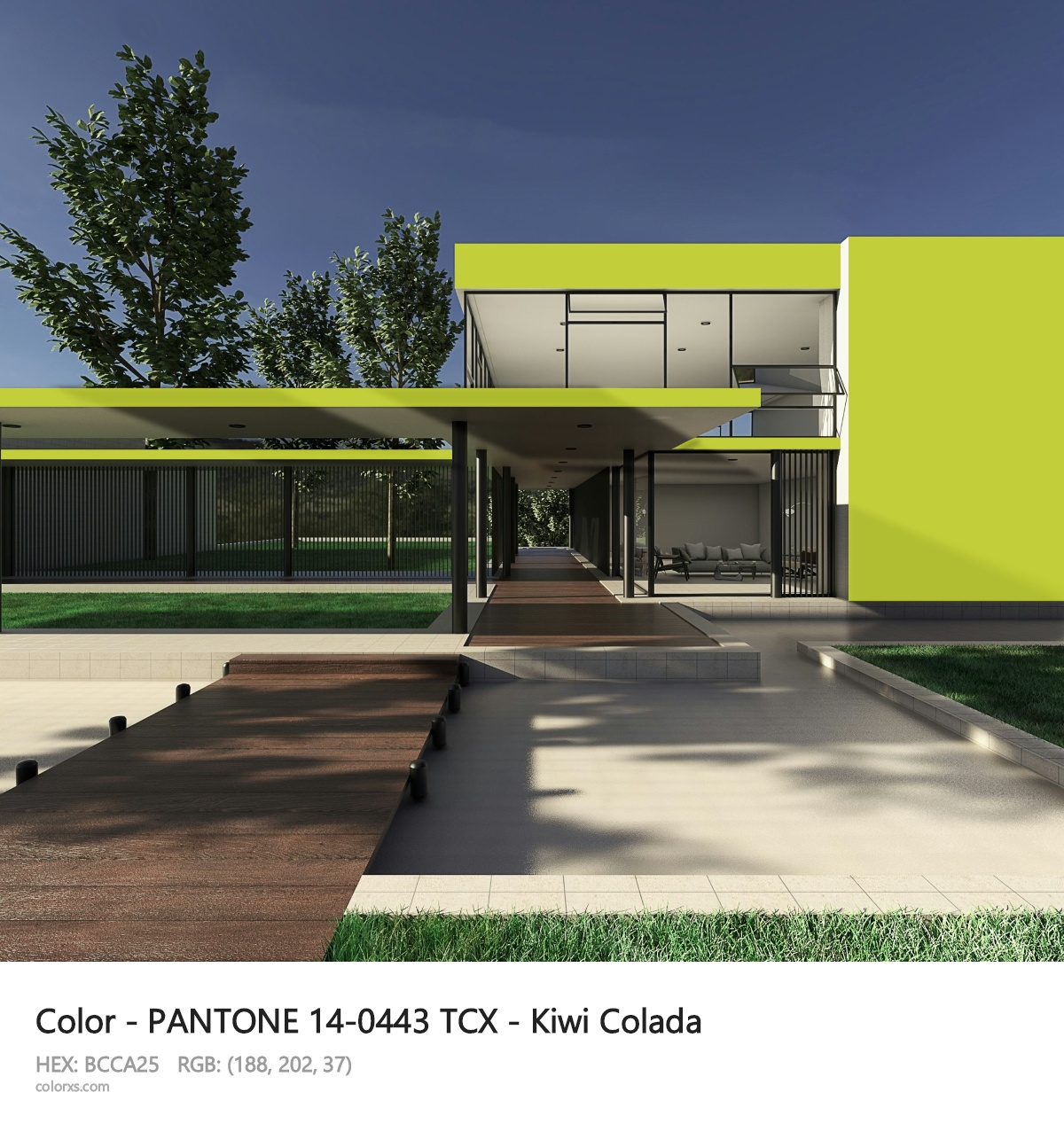 PANTONE 14-0443 TCX - Kiwi Colada CMS exterior design modern house with walkway