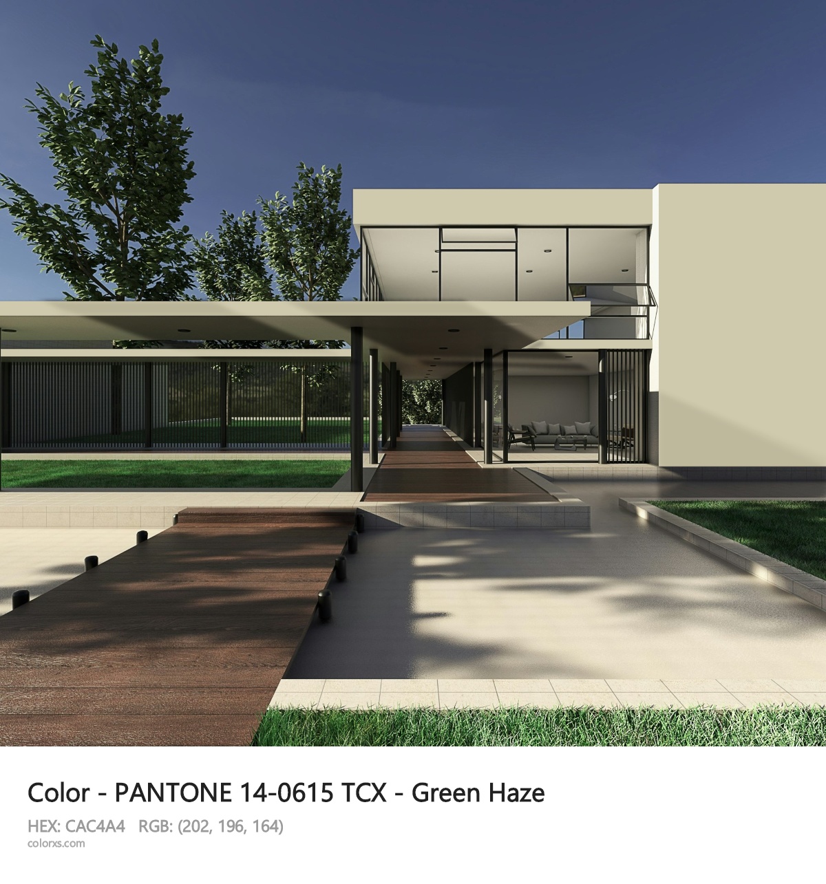 PANTONE 14-0615 TCX - Green Haze CMS exterior design modern house with walkway