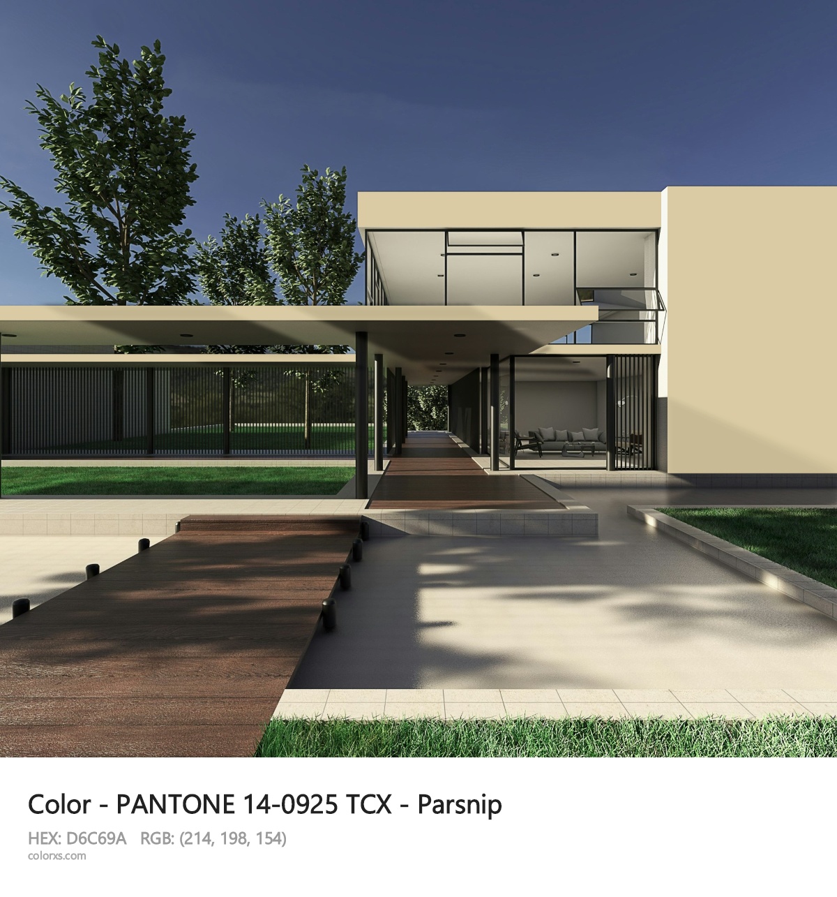 PANTONE 14-0925 TCX - Parsnip CMS exterior design modern house with walkway