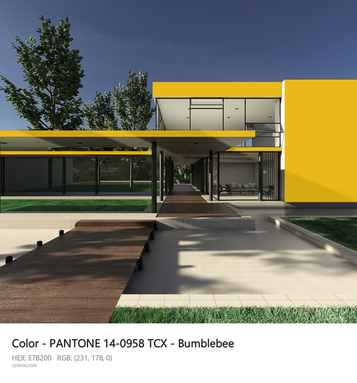 PANTONE 14-0958 TCX - Bumblebee CMS exterior design modern house with walkway