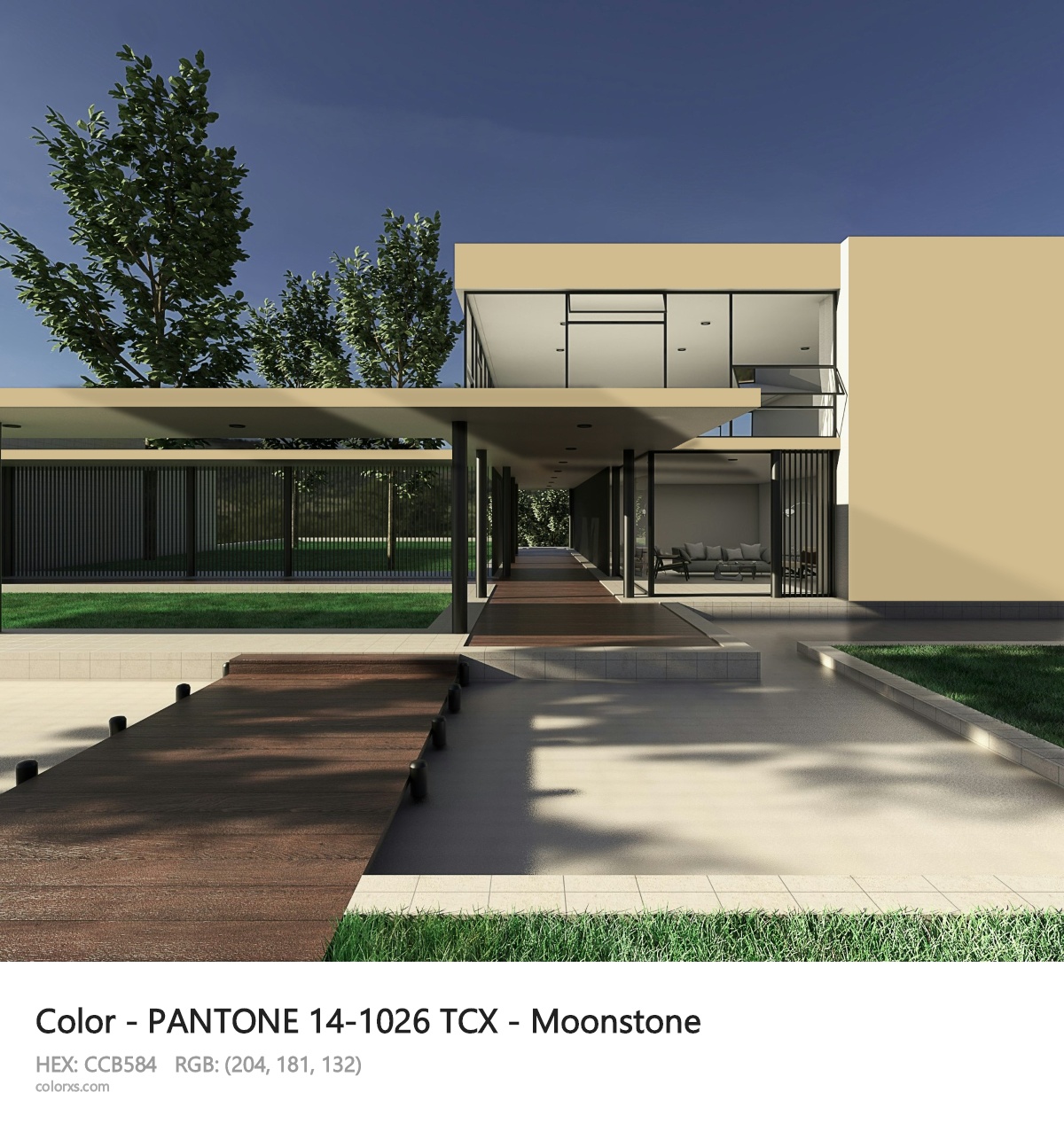 PANTONE 14-1026 TCX - Moonstone CMS exterior design modern house with walkway