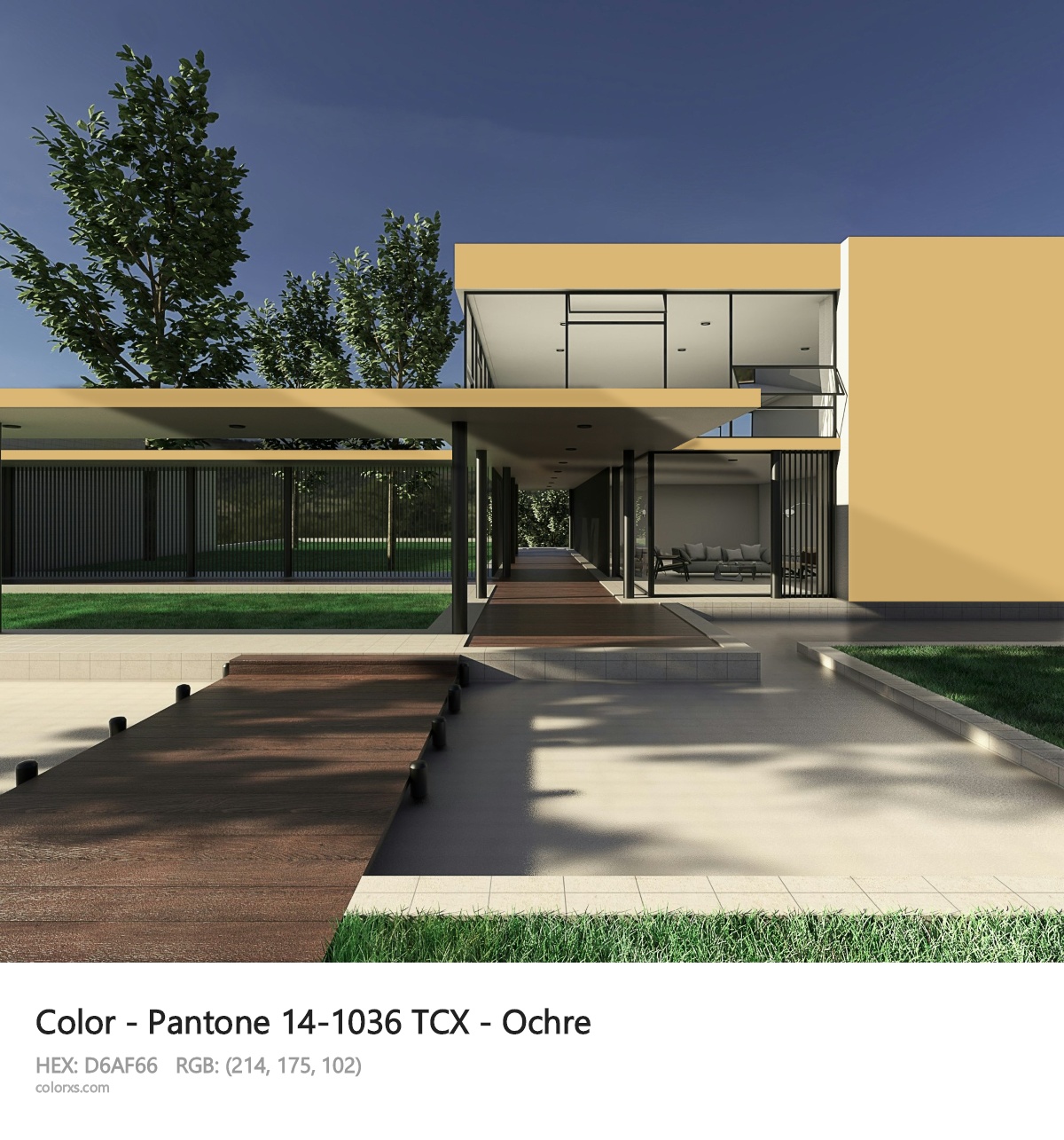 Pantone 14-1036 TCX - Ochre CMS exterior design modern house with walkway