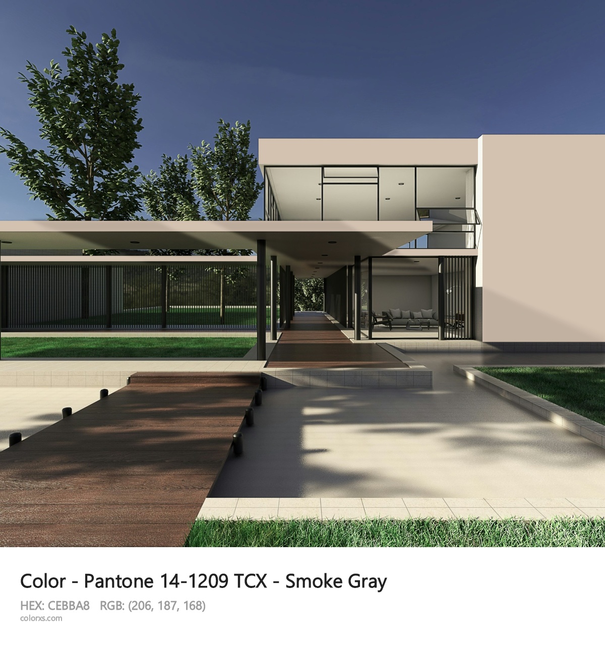 Pantone 14-1209 TCX - Smoke Gray CMS exterior design modern house with walkway