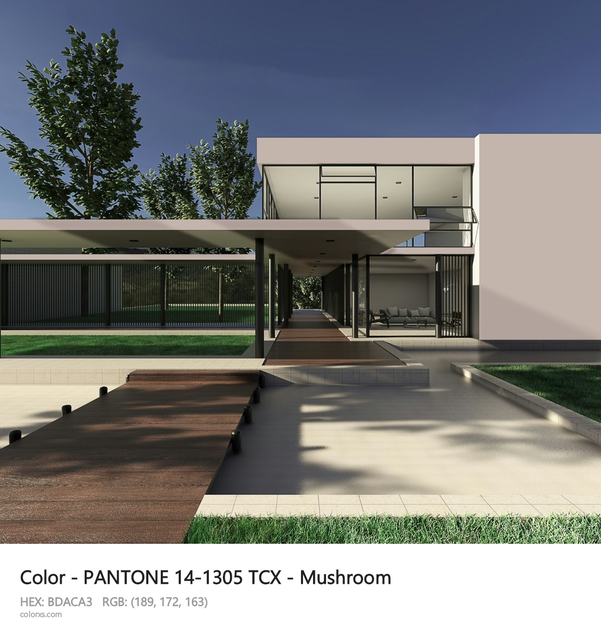 PANTONE 14-1305 TCX - Mushroom CMS exterior design modern house with walkway
