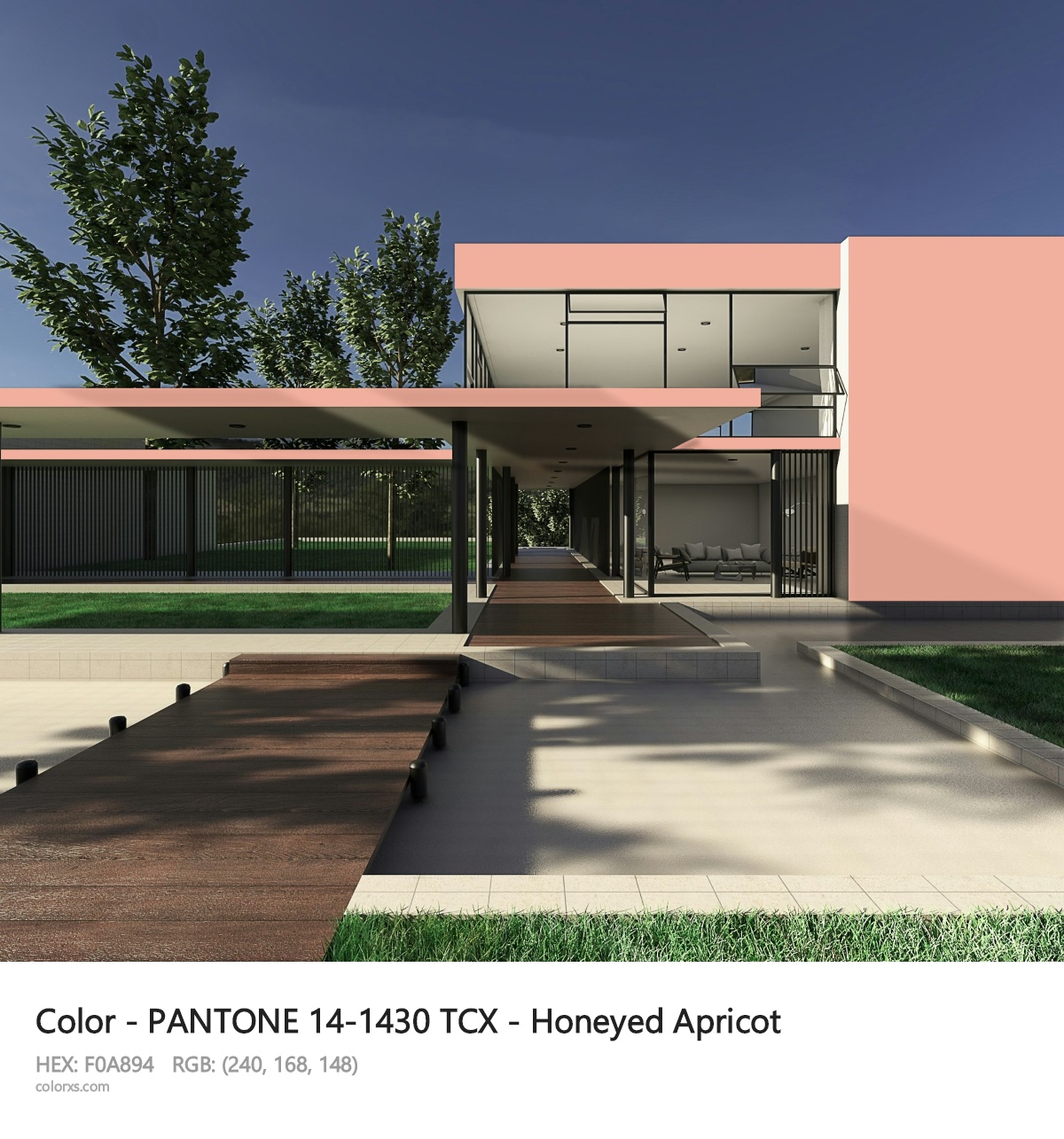 PANTONE 14-1430 TCX - Honeyed Apricot CMS exterior design modern house with walkway
