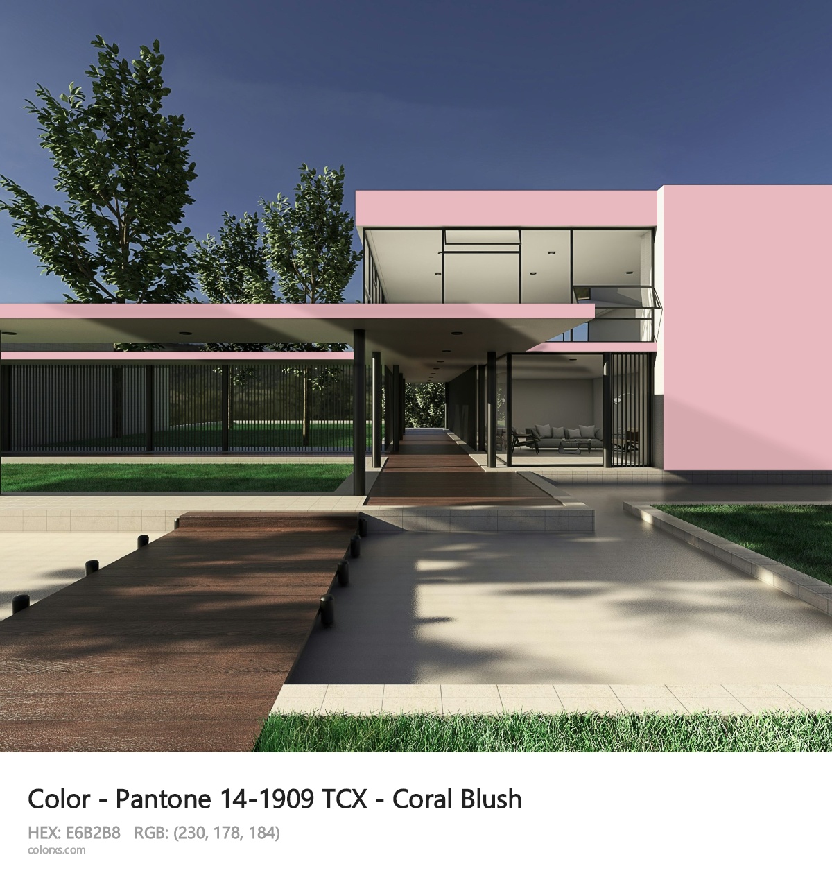 Pantone 14-1909 TCX - Coral Blush CMS exterior design modern house with walkway