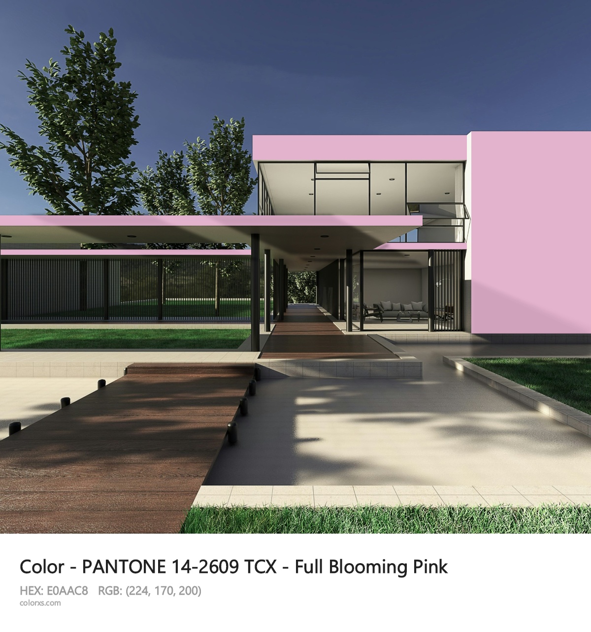 PANTONE 14-2609 TCX - Full Blooming Pink CMS exterior design modern house with walkway