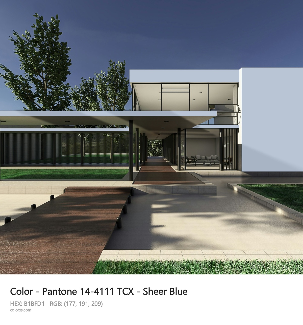 Pantone 14-4111 TCX - Sheer Blue CMS exterior design modern house with walkway