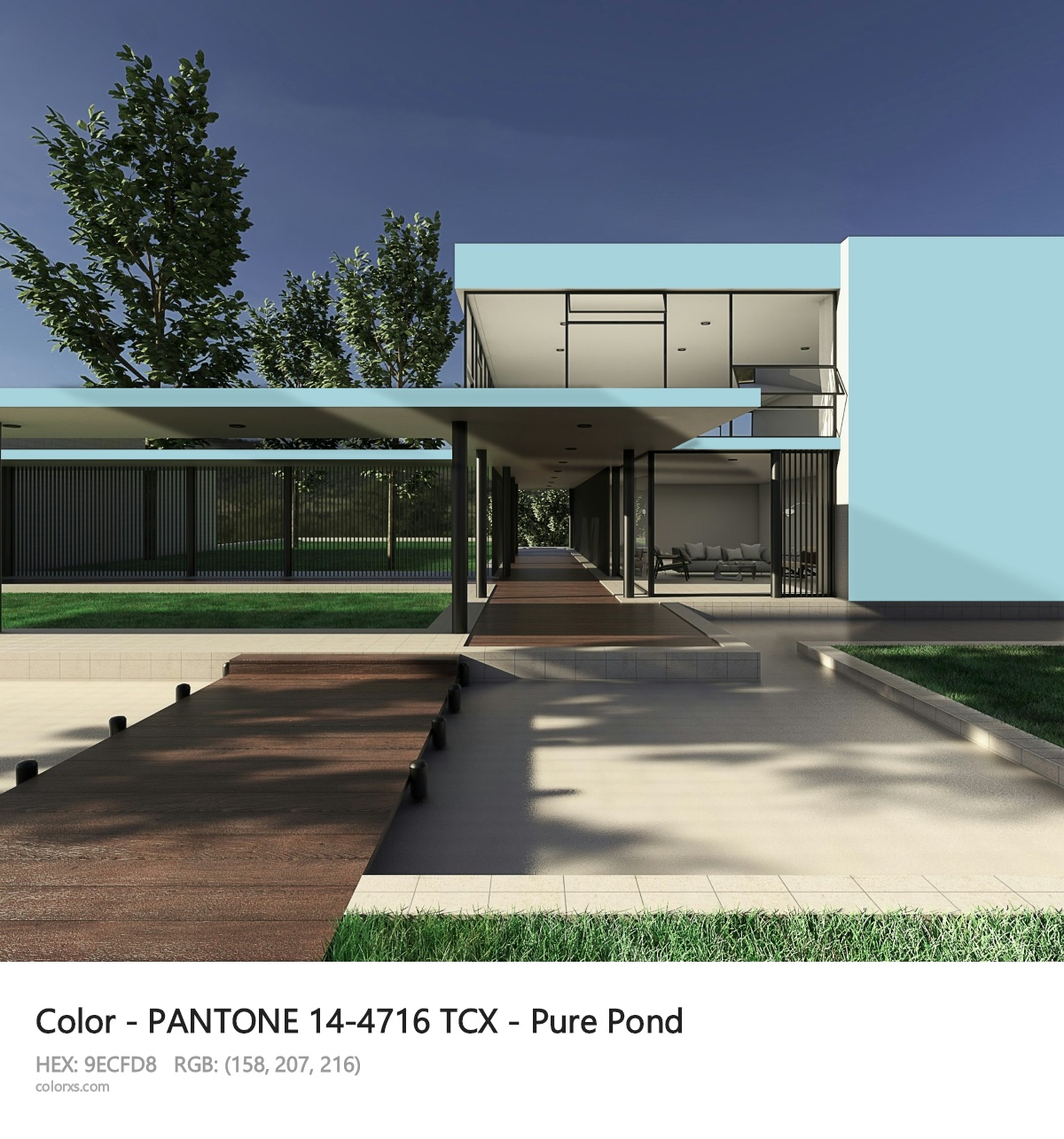 PANTONE 14-4716 TCX - Pure Pond CMS exterior design modern house with walkway