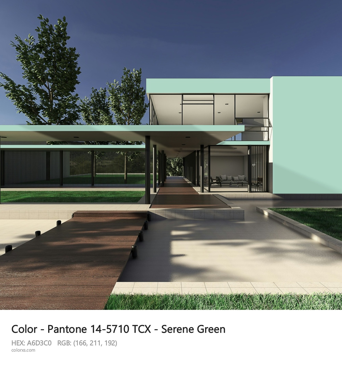 Pantone 14-5710 TCX - Serene Green CMS exterior design modern house with walkway