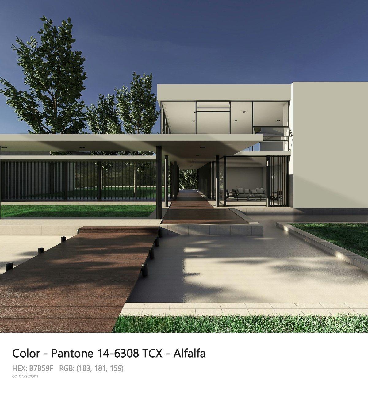 Pantone 14-6308 TCX - Alfalfa CMS exterior design modern house with walkway