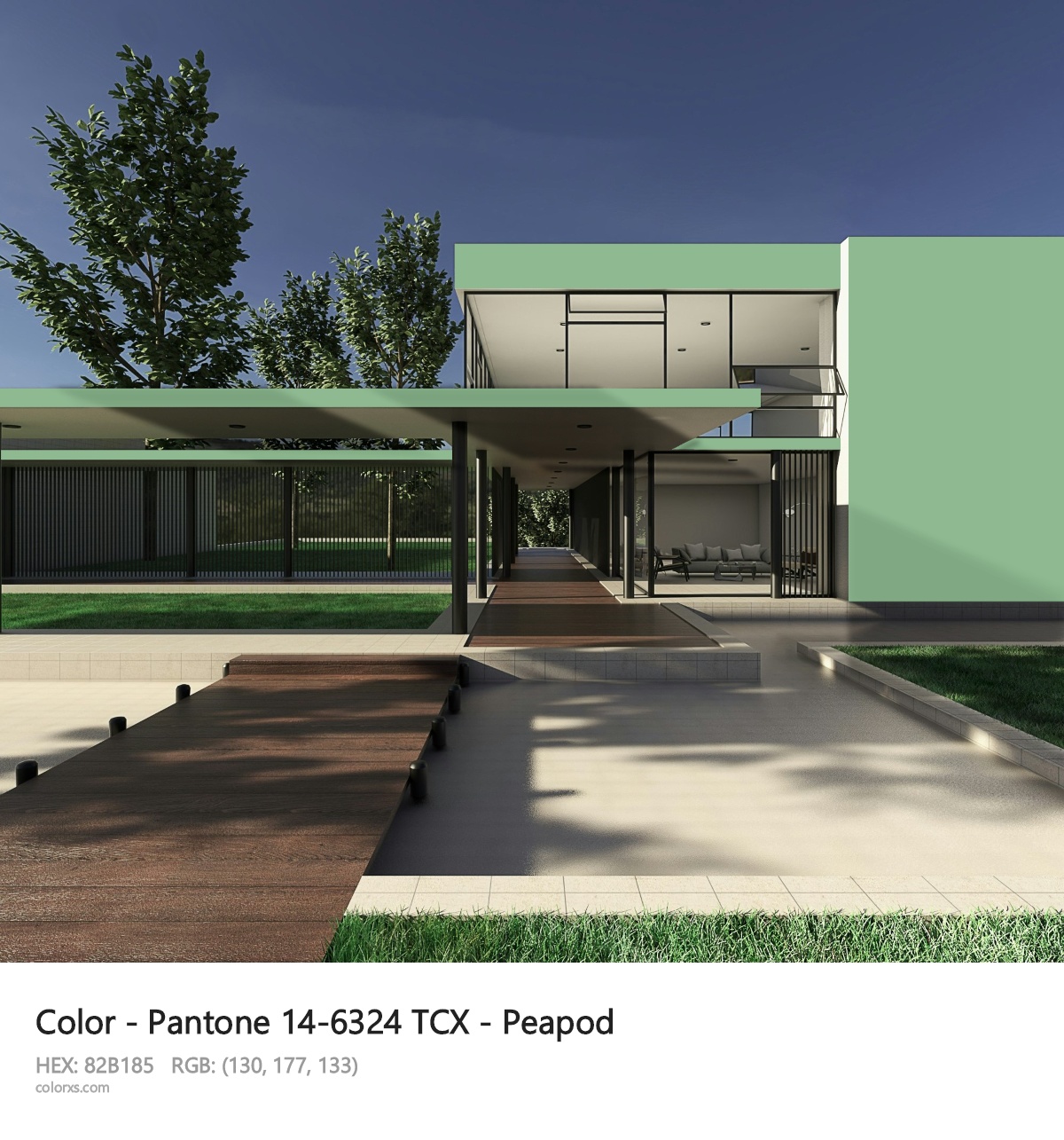 Pantone 14-6324 TCX - Peapod CMS exterior design modern house with walkway