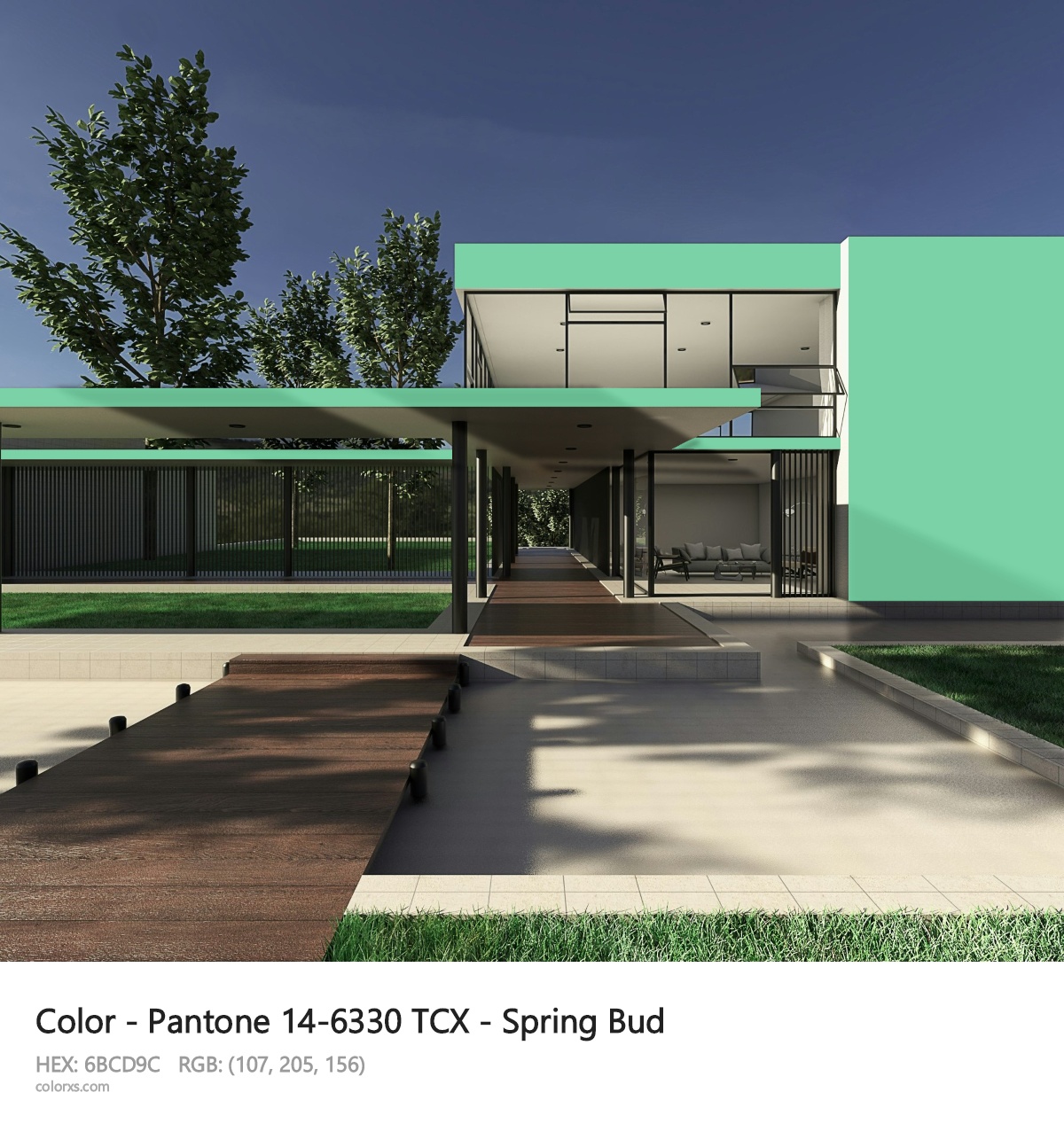 Pantone 14-6330 TCX - Spring Bud CMS exterior design modern house with walkway