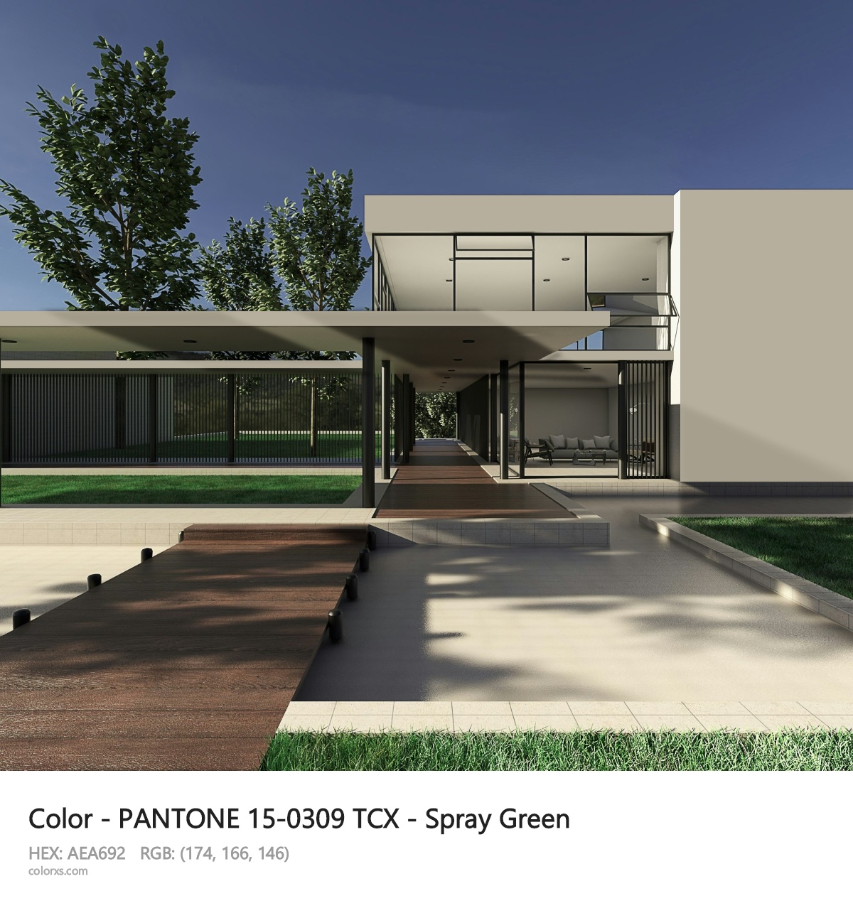 PANTONE 15-0309 TCX - Spray Green CMS exterior design modern house with walkway