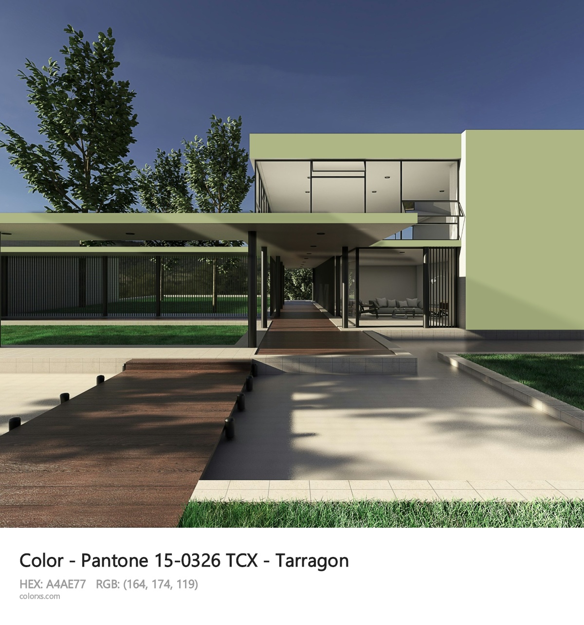Pantone 15-0326 TCX - Tarragon CMS exterior design modern house with walkway