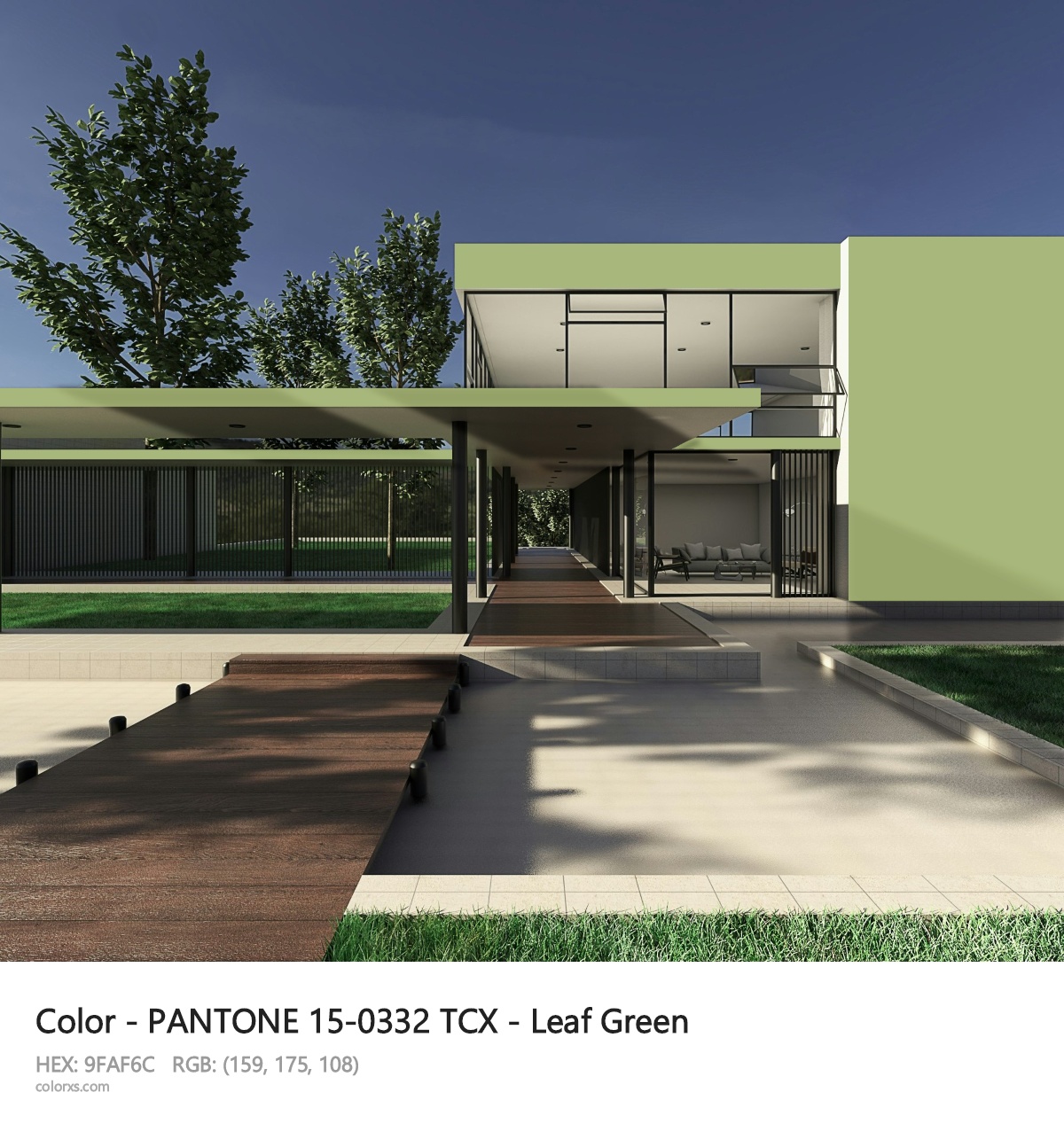 PANTONE 15-0332 TCX - Leaf Green CMS exterior design modern house with walkway