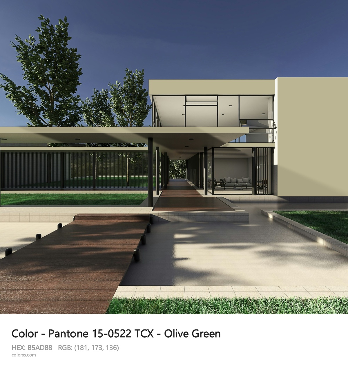 Pantone 15-0522 TCX - Olive Green CMS exterior design modern house with walkway